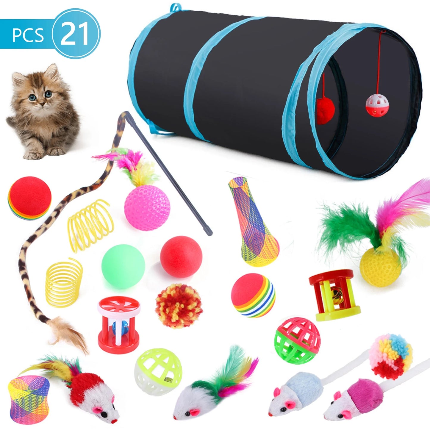21 Pcs Cat Toys Kitten Toys Assortments Tunnel Interactive Cat Teaser Fluffy Mouse Crinkle Balls for Cat
