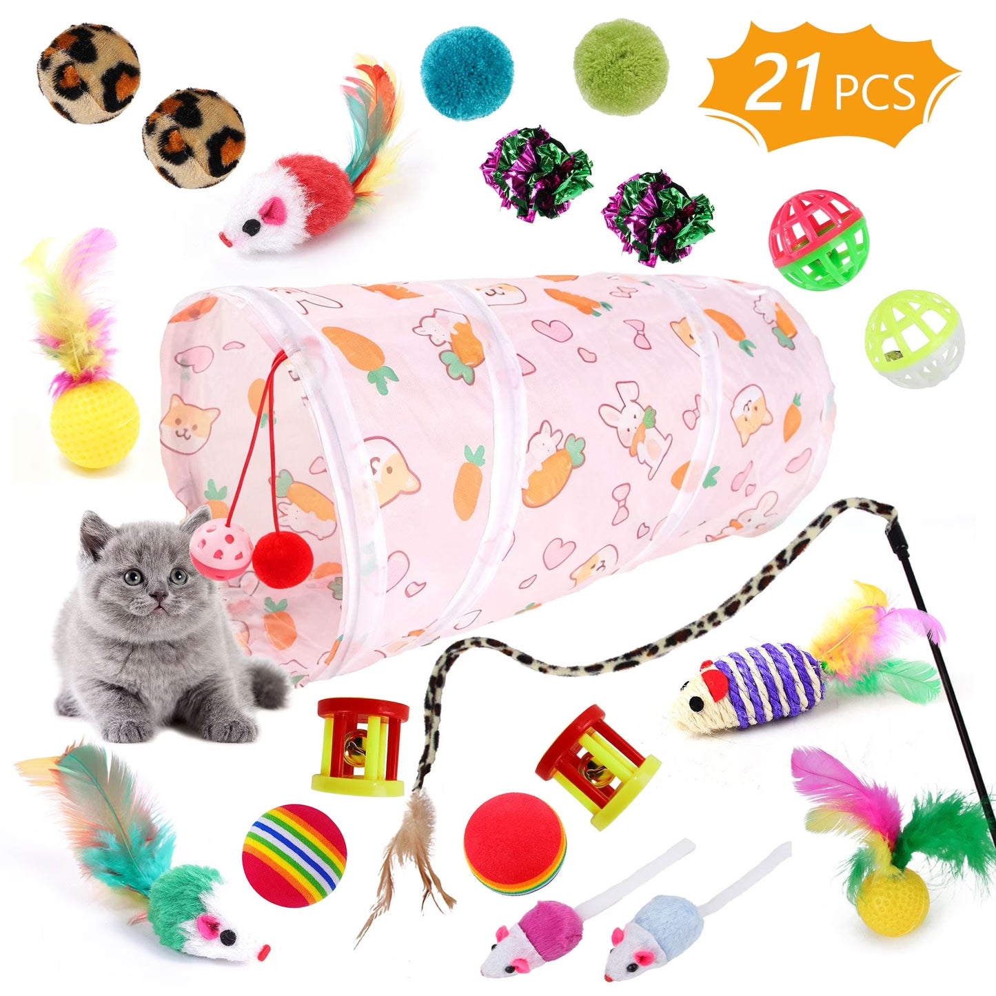 21 Pcs Cat Toys Kitten Toys Assortments Tunnel Interactive Cat Teaser Fluffy Mouse Crinkle Balls for Cat