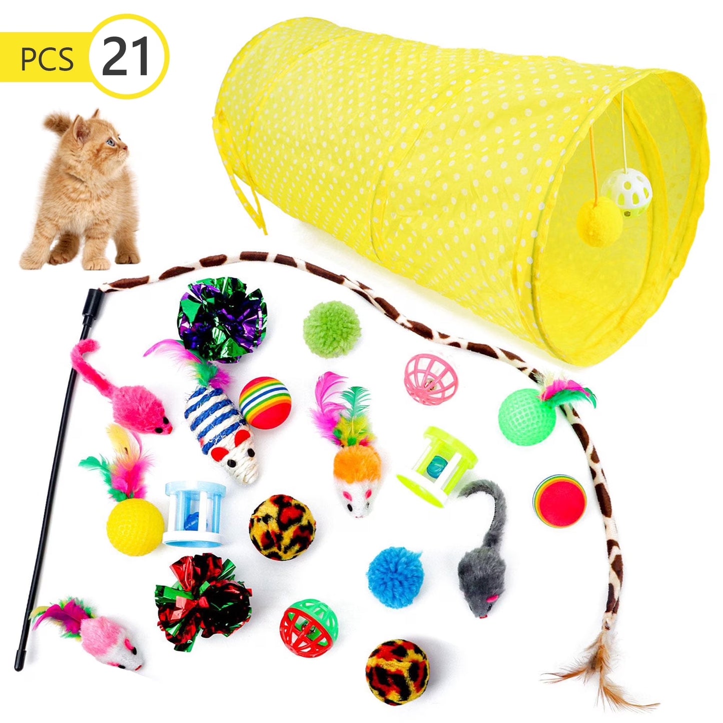 21 Pcs Cat Toys Kitten Toys Assortments Tunnel Interactive Cat Teaser Fluffy Mouse Crinkle Balls for Cat