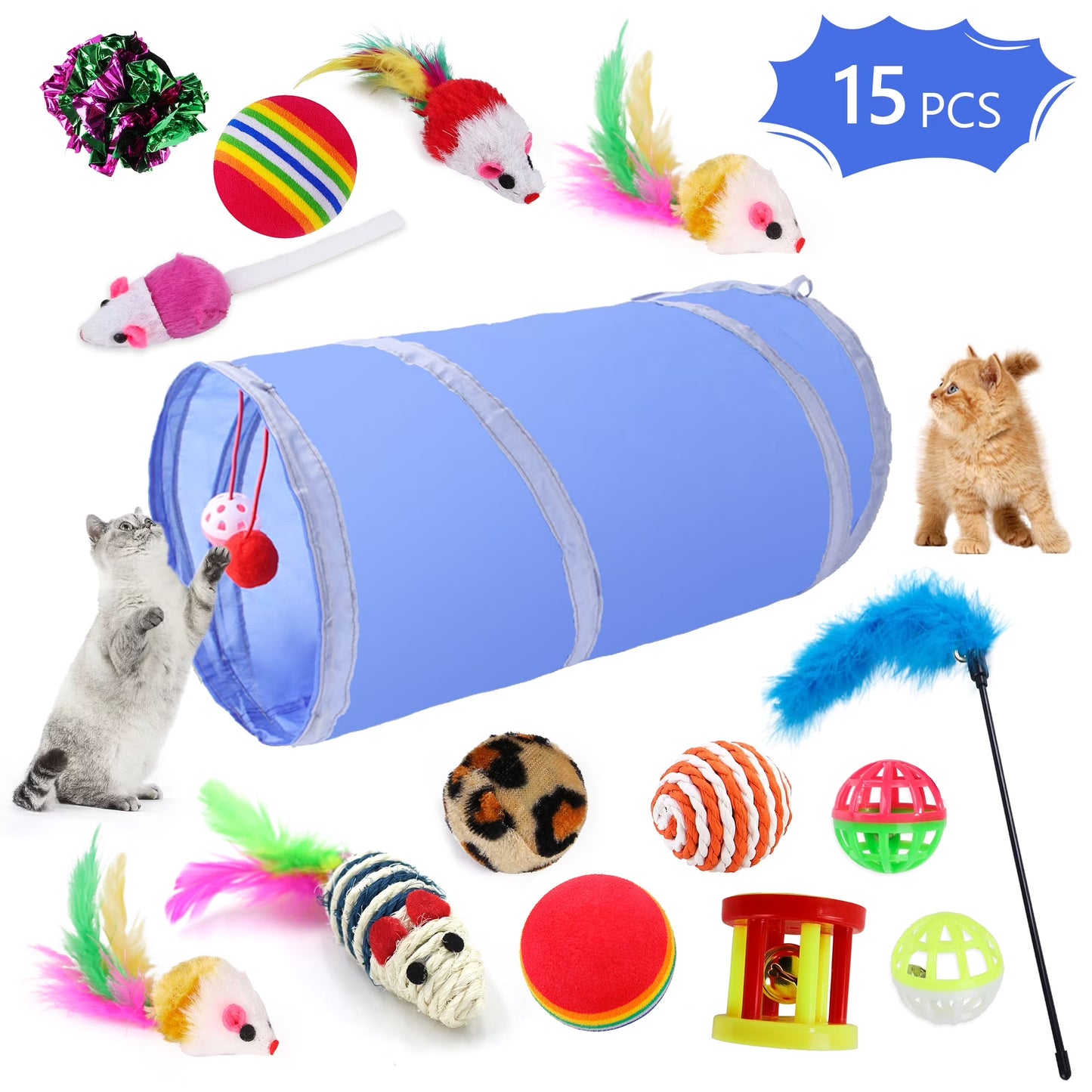 21 Pcs Cat Toys Kitten Toys Assortments Tunnel Interactive Cat Teaser Fluffy Mouse Crinkle Balls for Cat
