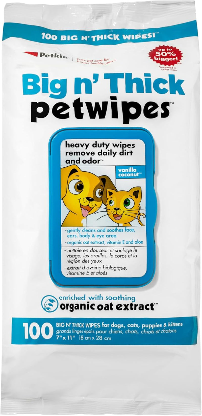 Large Pet Wipes for Dogs and Cats, 200 Count, Organic Oat Extract, Moistened with Gentle Cleaning Formula, Ideal for Home or Travel